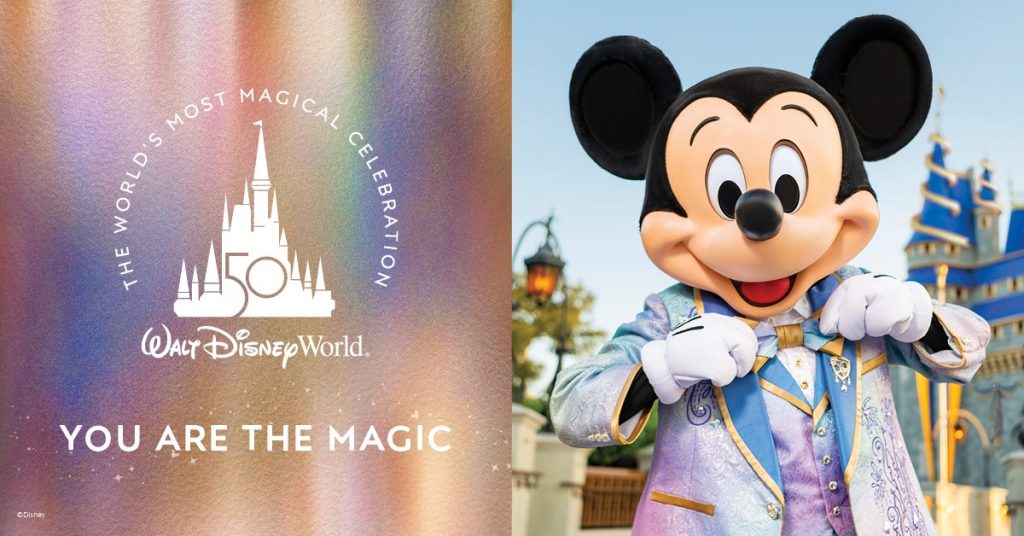 Mickey Mouse stands in front of Cinderella Castle, with the Disney World 50th anniversary logo overlayed on top